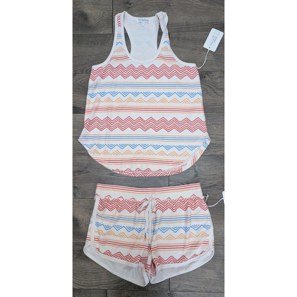 P.J. Salvage Women’s Pajama Set Geometric Stripe Tank & Shorts Lounge Sz S